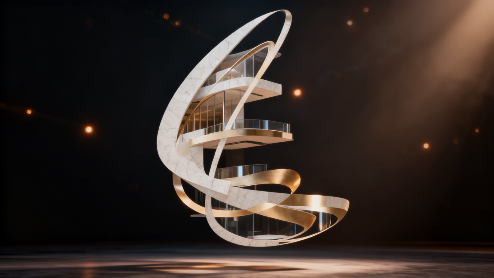 Escultura em espiral dourada sobre fundo escuro, arte da Galeria Laguna
