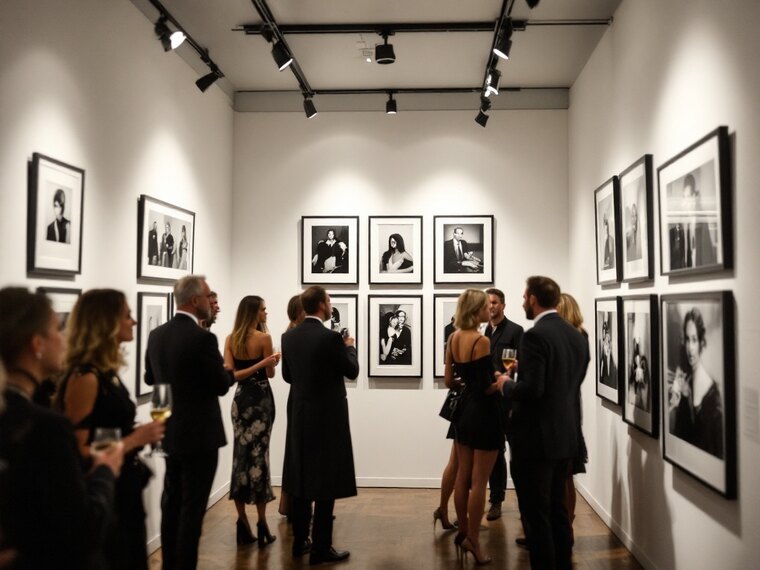 Vernissage na Galeria Laguna, convidados diante de retratos em preto e branco