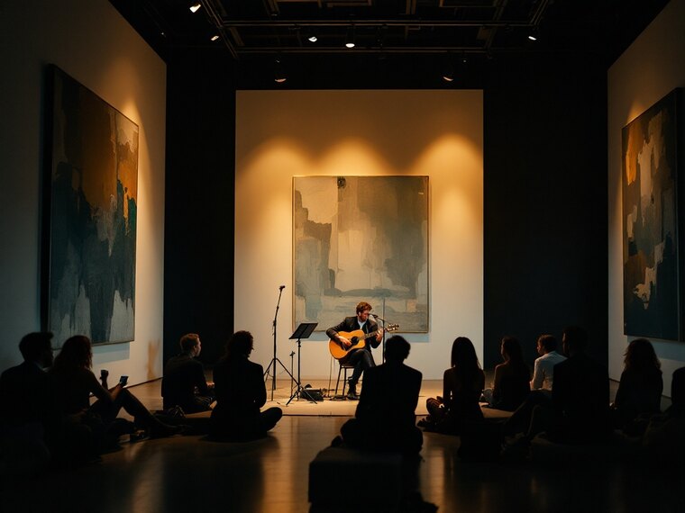 Show acústico na Galeria Laguna, violonista e plateia sentada no chão