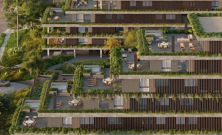 Vista aérea de terraços com mesas e vegetação, em render