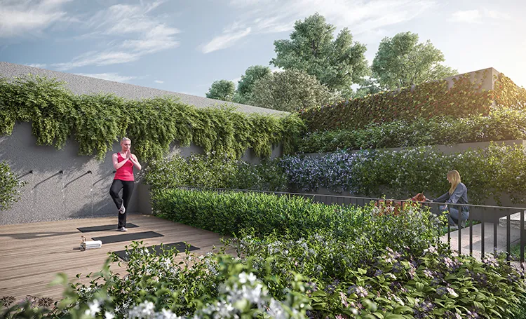 Deck de yoga com jardim no Trevi Batel, em render