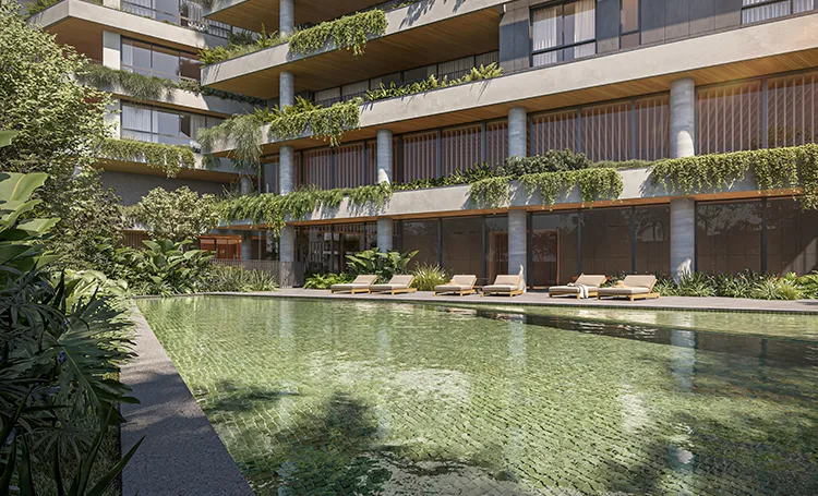 Piscina externa do ZAHI Taunay com espreguiçadeiras, em render