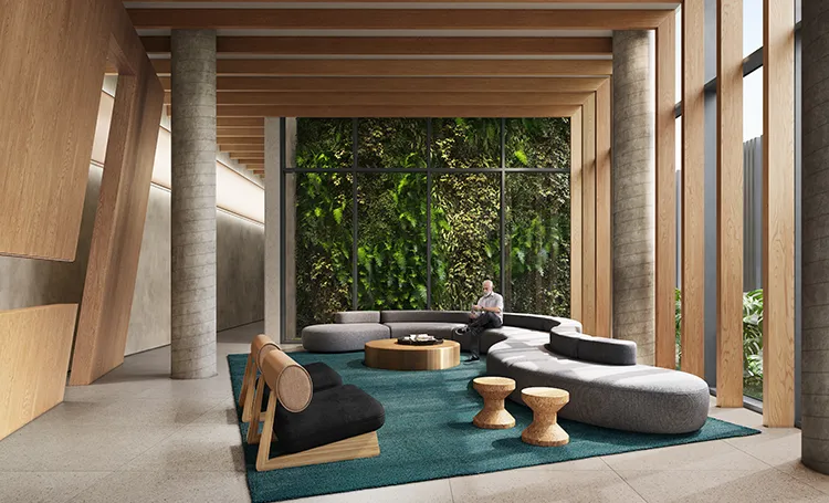Lounge com jardim vertical, sofás curvos e tapete verde
