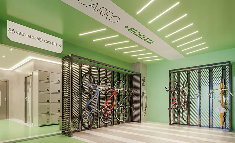 Bicicletário e vestiário com armários, parede verde e luz linear, no Bioos