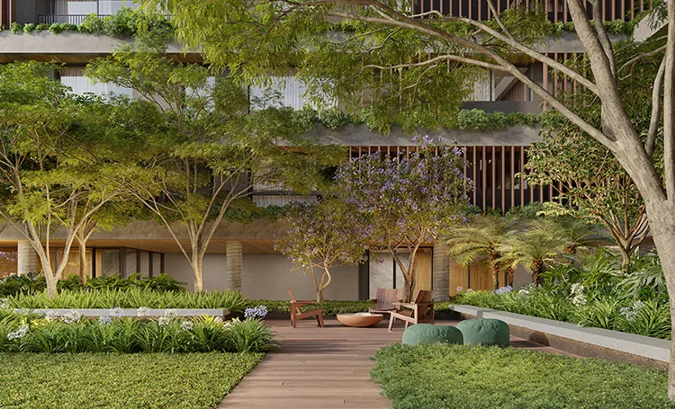 Jardim com árvores e deck entre torres verdes, em render