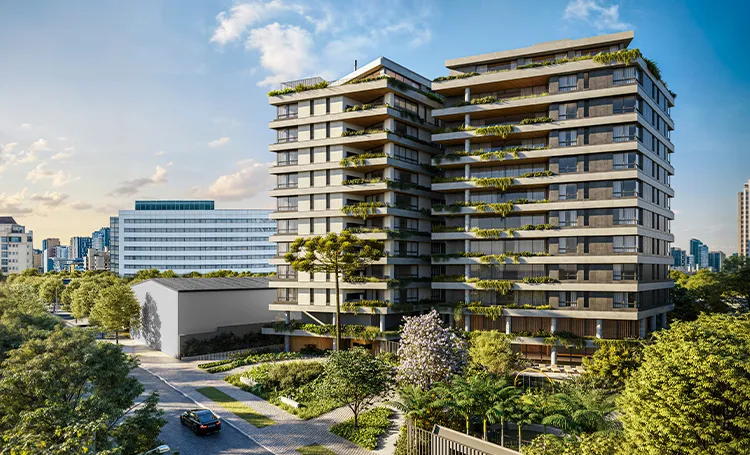 Fachada do ZAHI Taunay com rua e árvores, em render