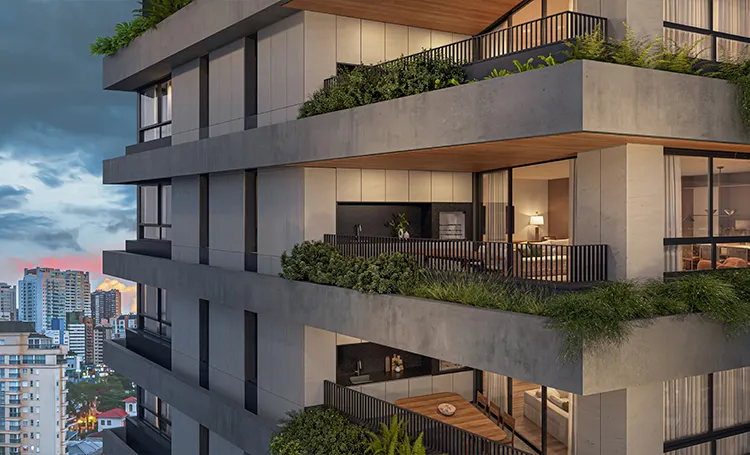 Detalhe da fachada do ZAHI Taunay com varandas e plantas, em render