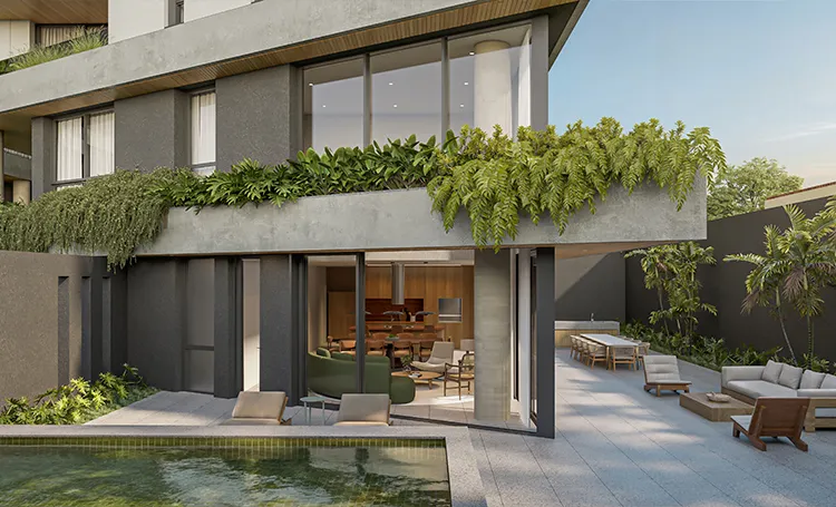 Residência jardim duplex com floreira e piscina, em render