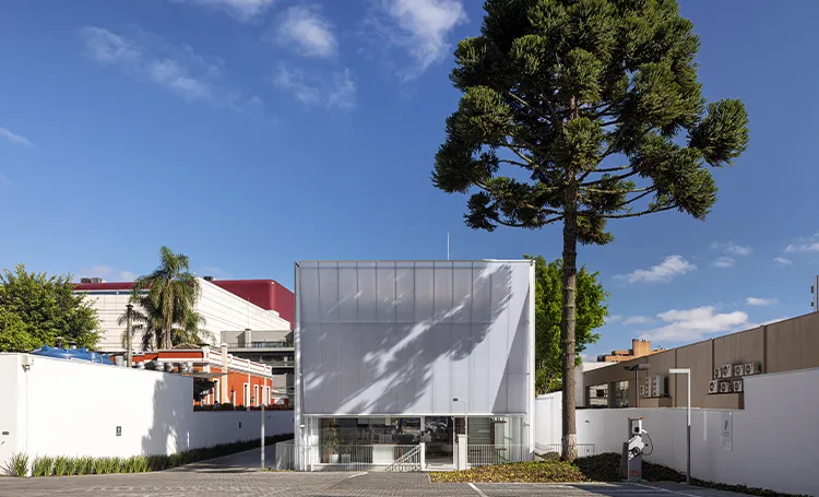 Galeria Laguna com araucária ao lado e fachada translúcida