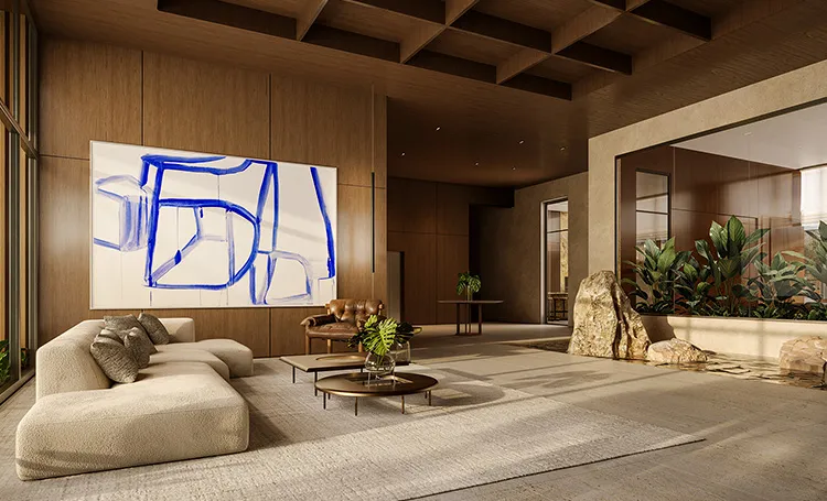 Lobby do JOA com tela azul e sofá, em render