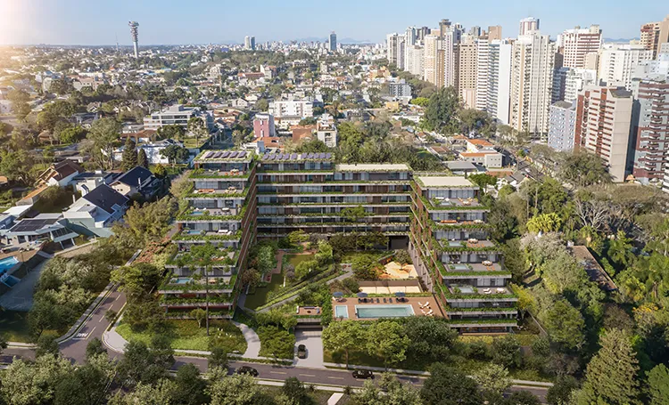 Vista aérea do Kaa entre os bairros e prédios altos de Curitiba