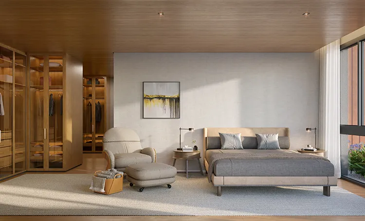 Suíte com closet de madeira, poltrona e cama
