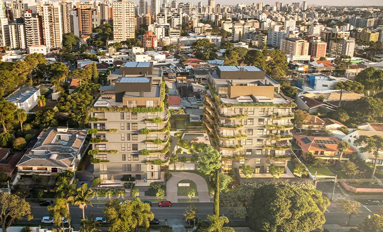 Vista aérea do Trevi Batel entre casas e prédios do Batel