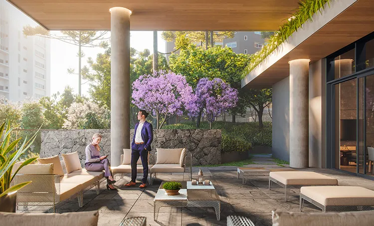Terraço coberto com jacarandá florido e mobiliário de lounge