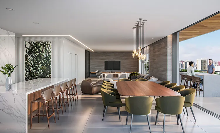 Salão com mesa longa de madeira, balcão de mármore e varanda aberta, no PINAH