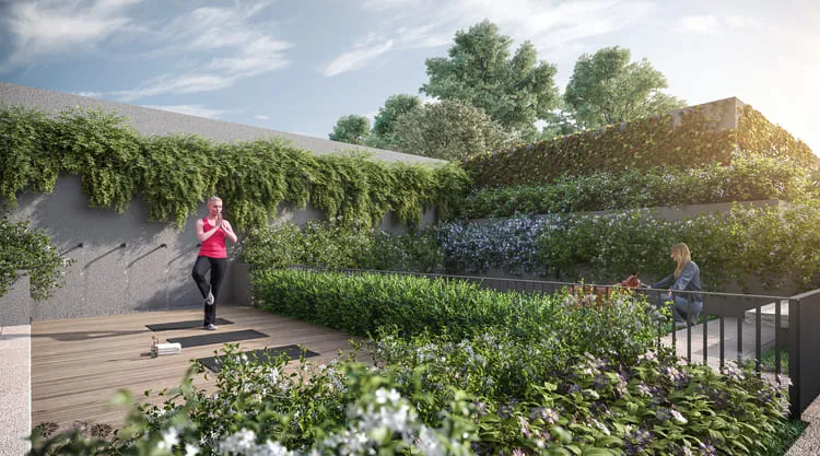 Deck de yoga com jardim, em render do Trevi Batel
