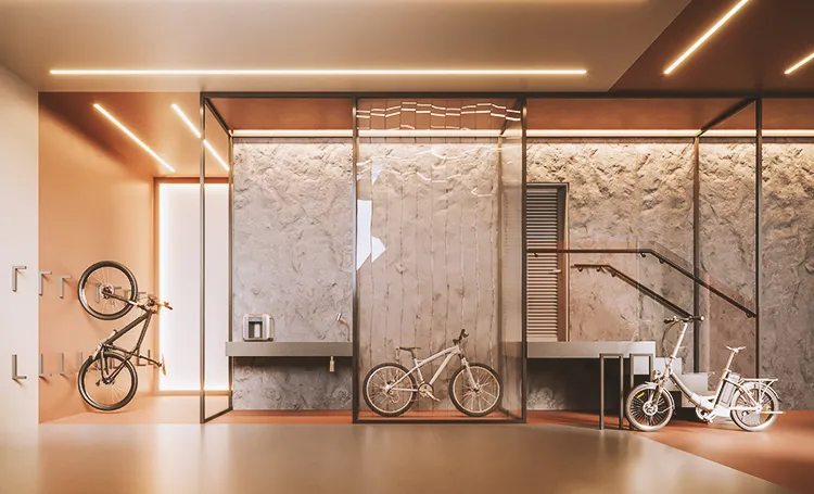 Bicicletário com bicicletas em suporte de parede, no Trevi Batel