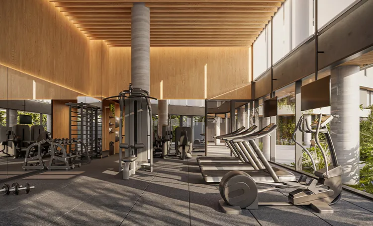 Academia com equipamentos Technogym no ZAHI Taunay, em render
