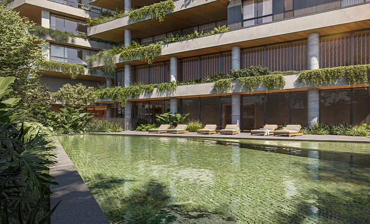Piscina externa do ZAHI Taunay ao lado da fachada, em render
