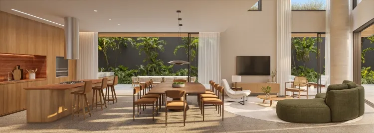 Estar e jantar do ZAHI Taunay com sofá verde, em render
