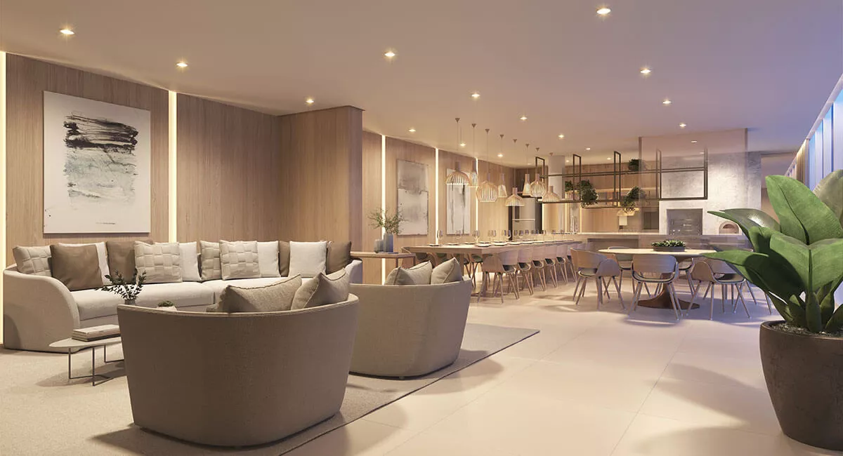 Espaço gourmet do Almaa Cabral com sofás e bancada ao fundo