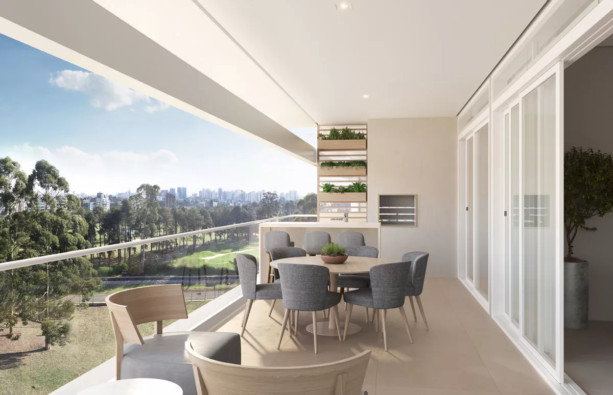Varanda com mesa e vista para o campo de golfe, ALMÁA Cabral