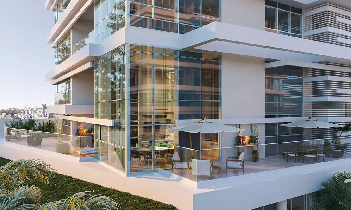 Terraço e fachada de vidro em render, ALMÁA Cabral