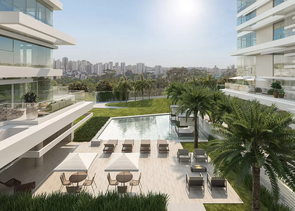 Piscina externa com espreguiçadeiras e vista, ALMÁA Cabral