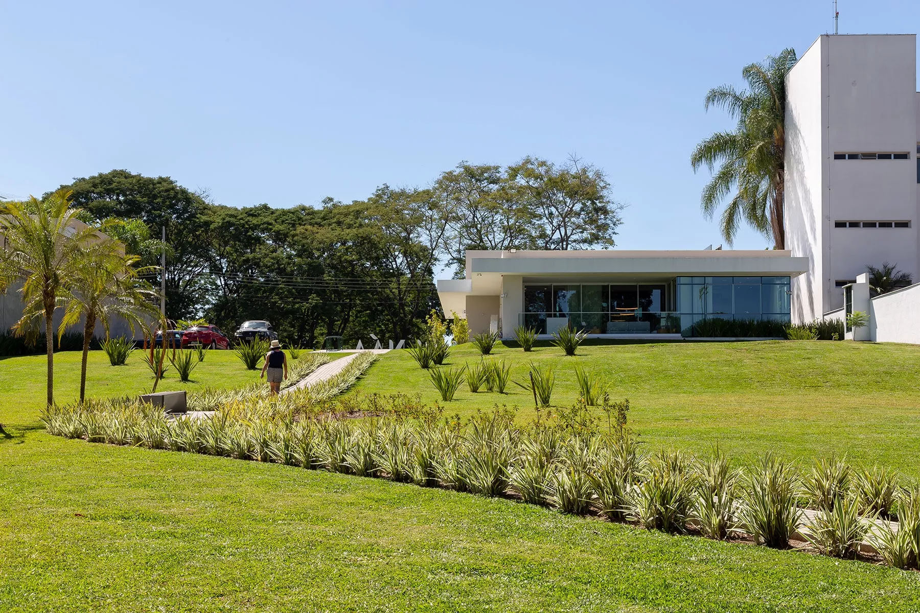 Jardim gramado com paisagismo e casa ao fundo, ALMÁA Cabral