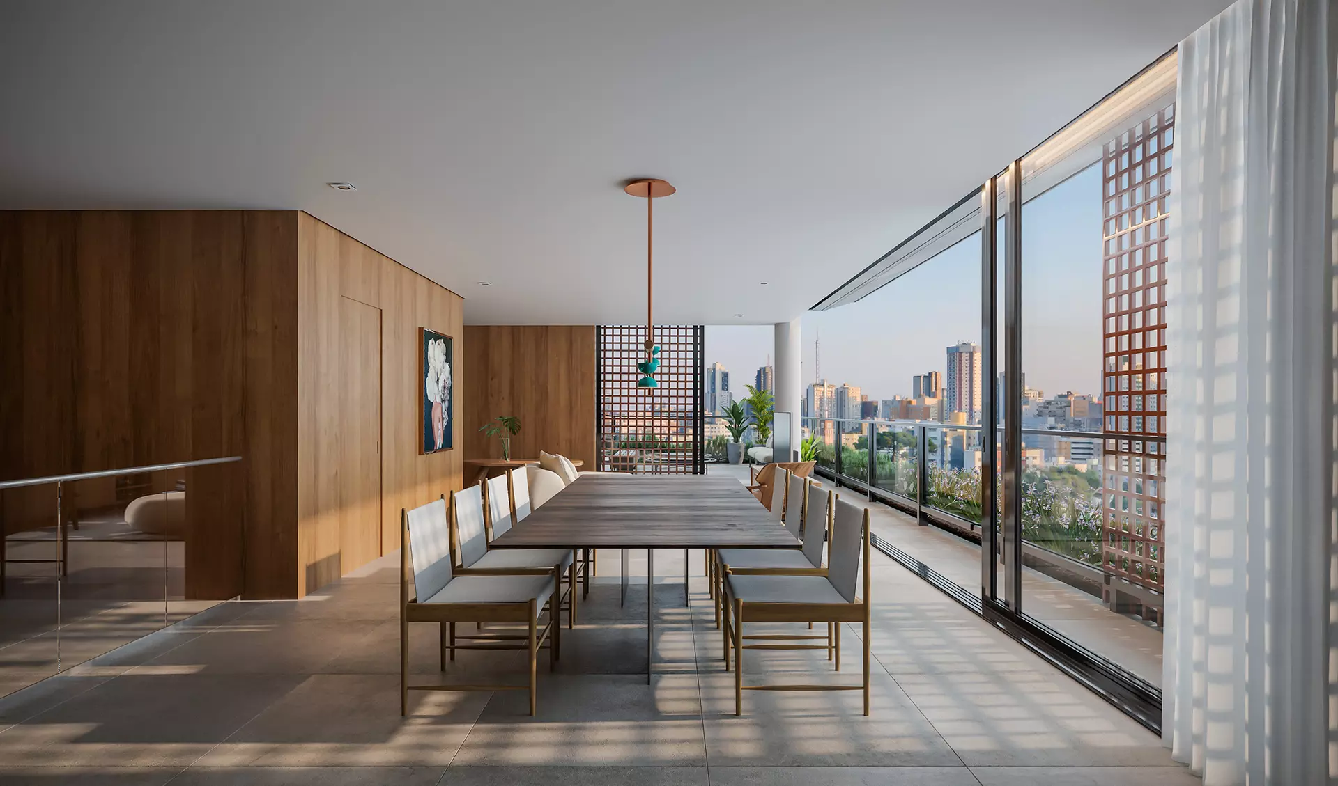 Sala de jantar integrada com vista da cidade no AMPIO
