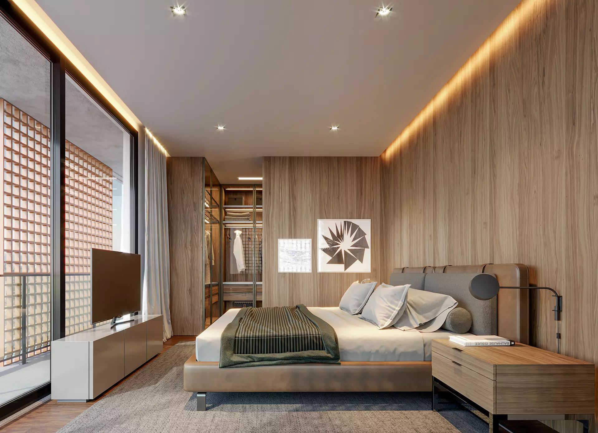 Suíte com closet e painel de madeira no AMPIO