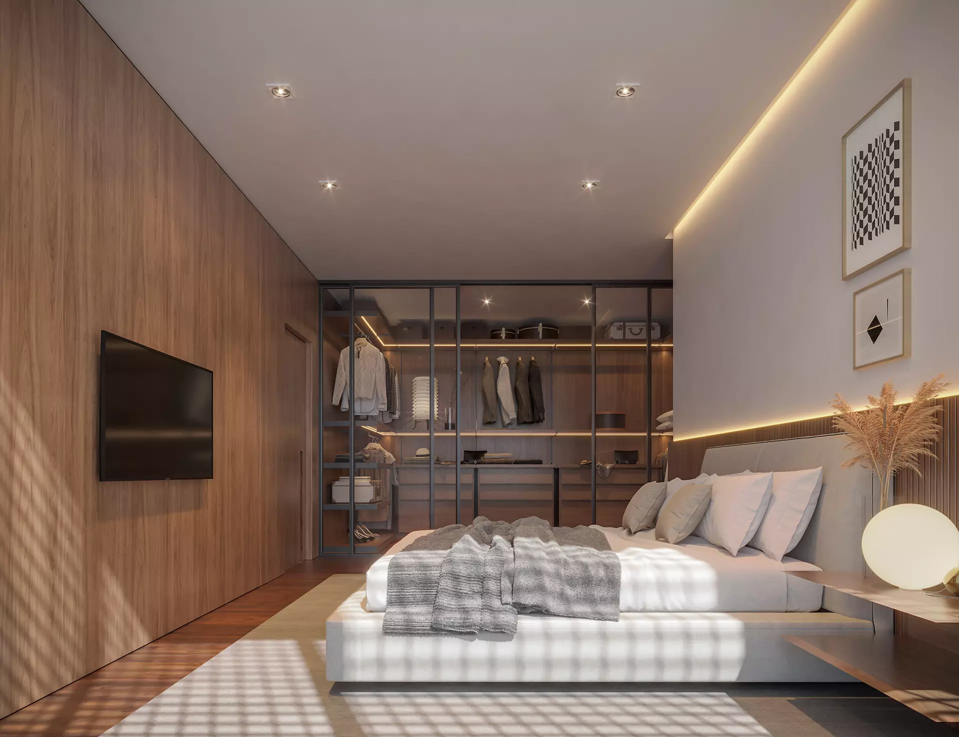 Suíte com closet aberto e cabeceira de madeira no AMPIO