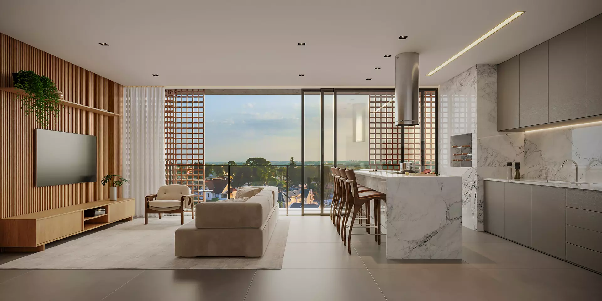 Sala com TV, cozinha em mármore e varanda no AMPIO