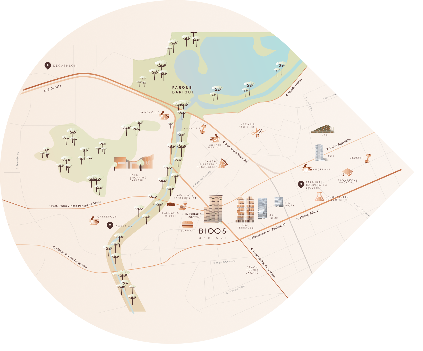 Mapa ilustrado do entorno do BIOOS Barigui, com o Parque Barigui, o ParkShoppingBarigüi e os serviços da região