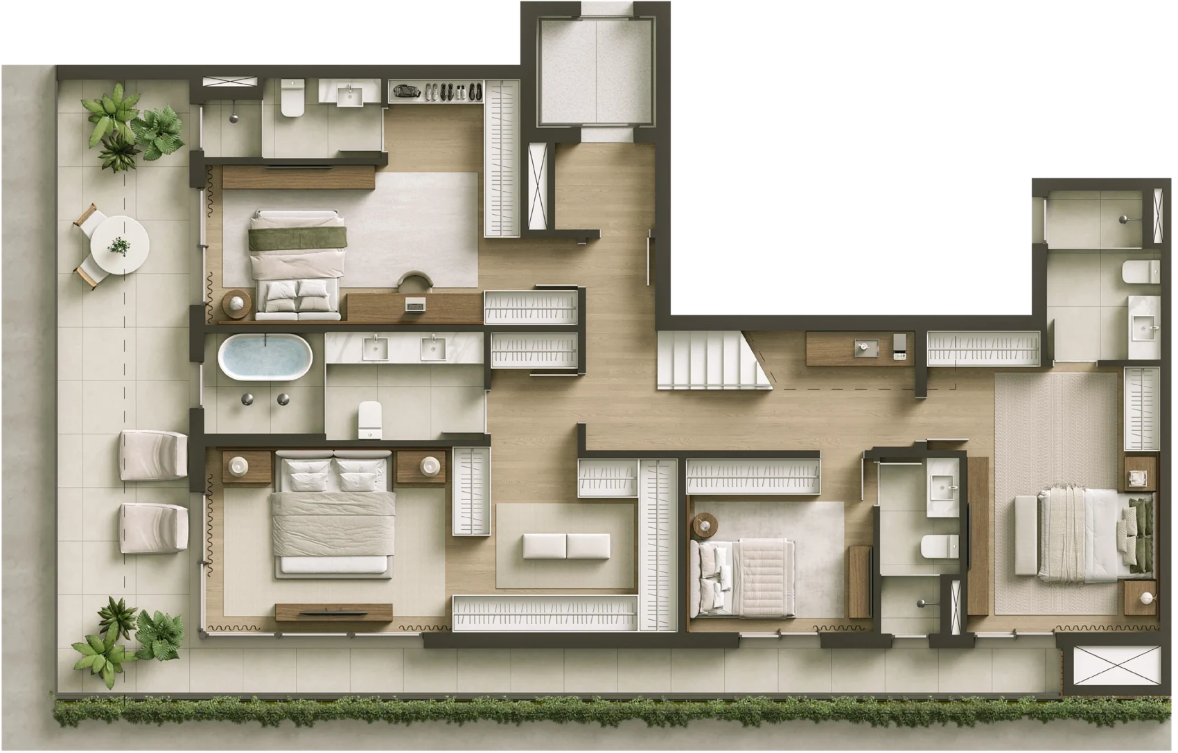 Planta da Cobertura Duplex 1, de 315m², pavimento inferior