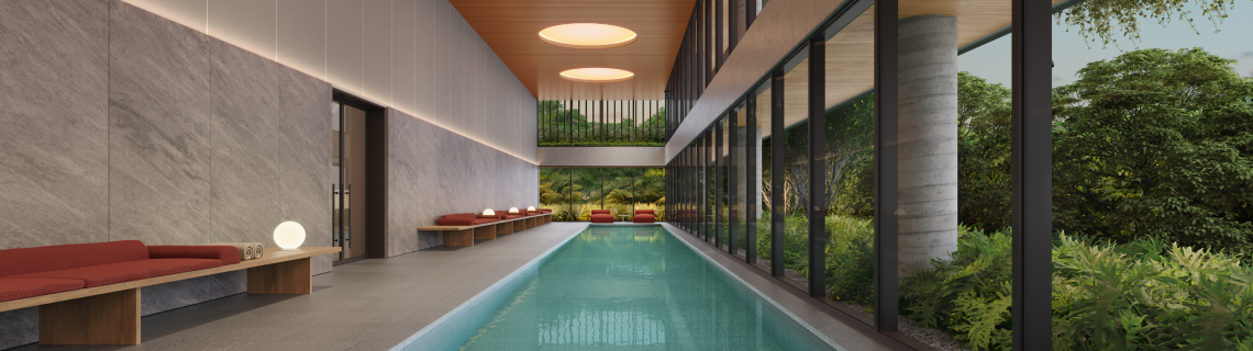 Piscina coberta com vista para o verde
