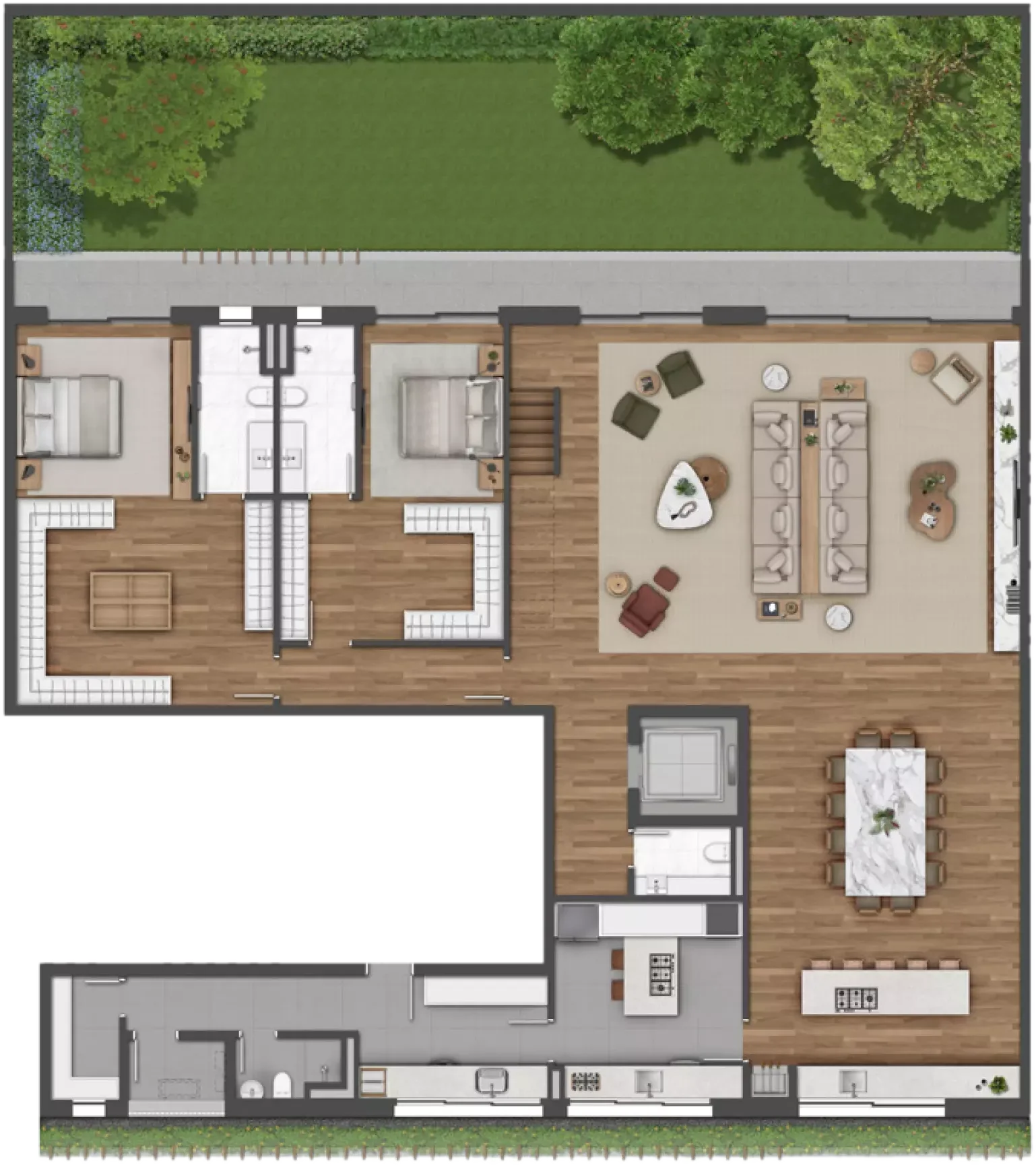 Planta da Residência Jardim Duplex de 524m², pavimento inferior