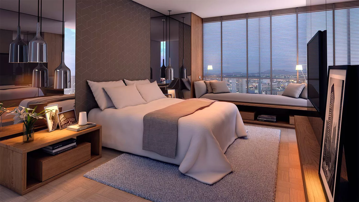 Suíte com cama, TV e janela panorâmica no MAI Home