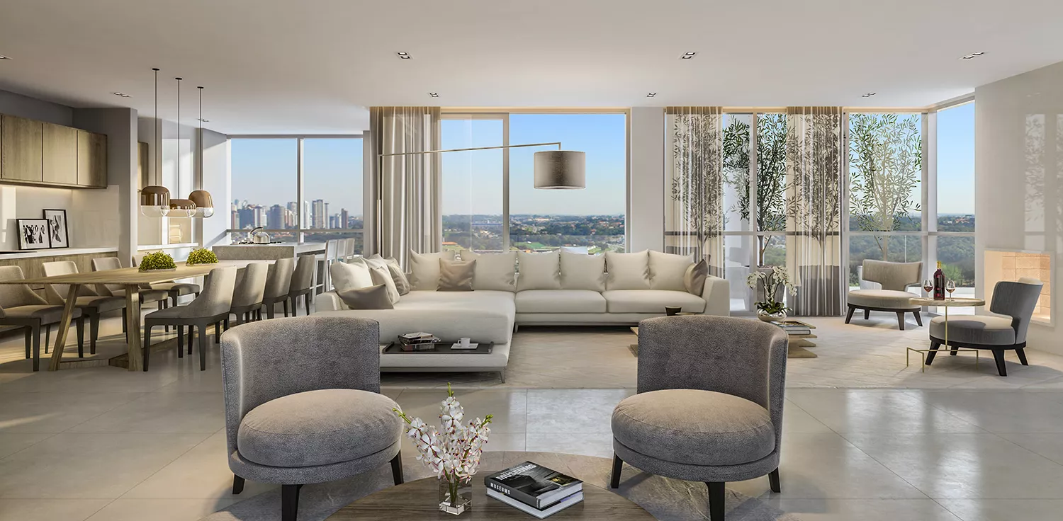 Living e jantar com vista da cidade no MAI Home