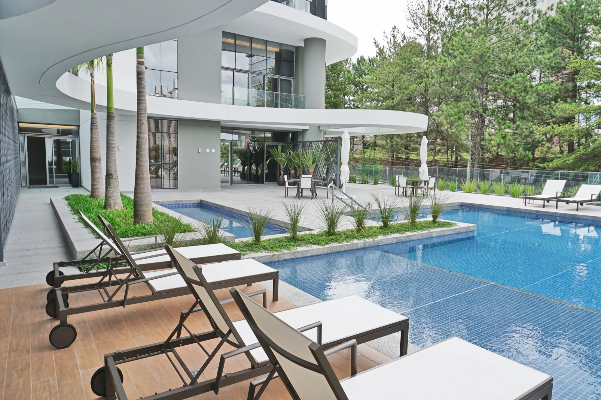 Piscina com espreguiçadeiras e palmeiras no MAI Home