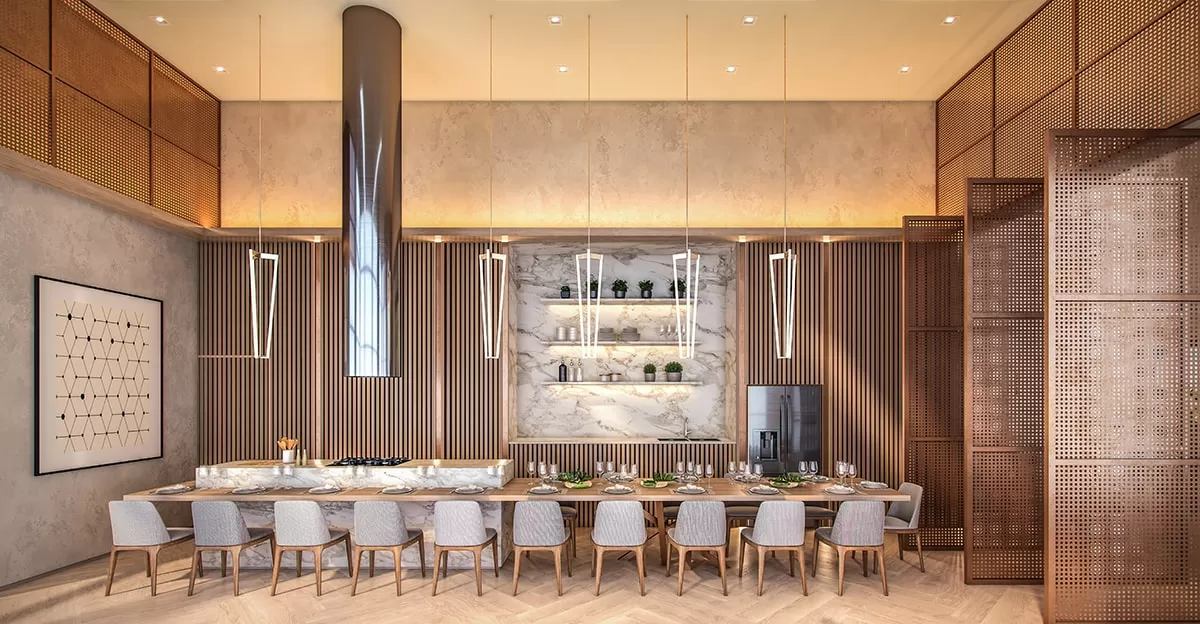 Mesa longa e cozinha de apoio no espaço gourmet, MAI Terraces