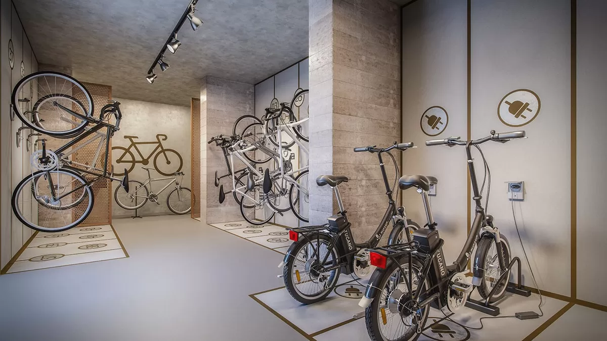 Bicicletário com bicicletas penduradas, MAI Terraces