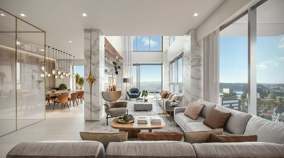 Living de pé-direito duplo com sofás, MAI Terraces