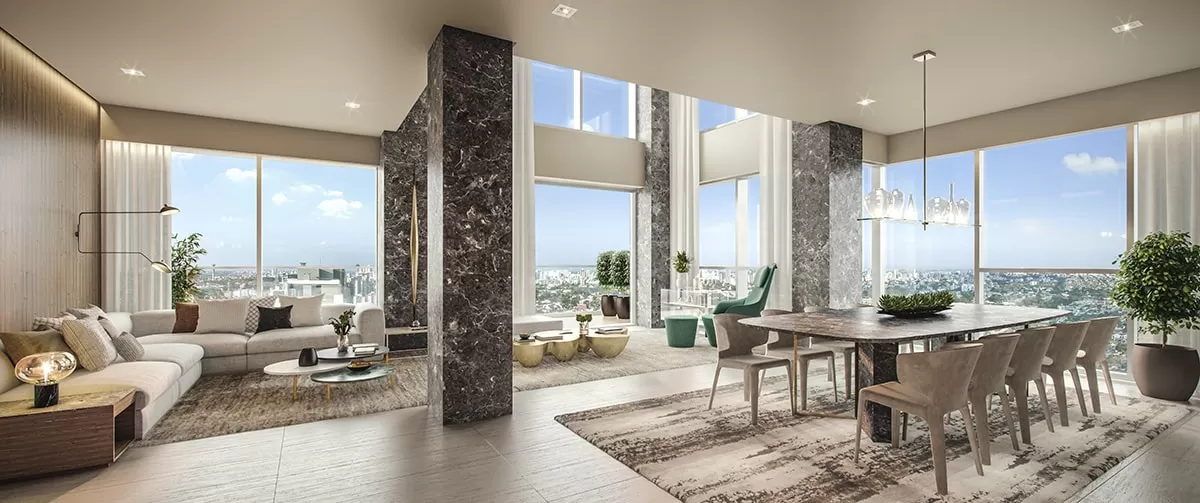 Living e jantar integrados com pé-direito duplo no MAI Terraces