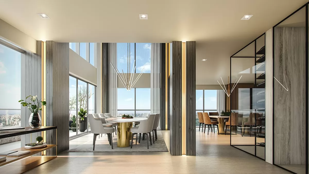 Sala de jantar com mesa grande e divisórias de vidro no MAI Terraces