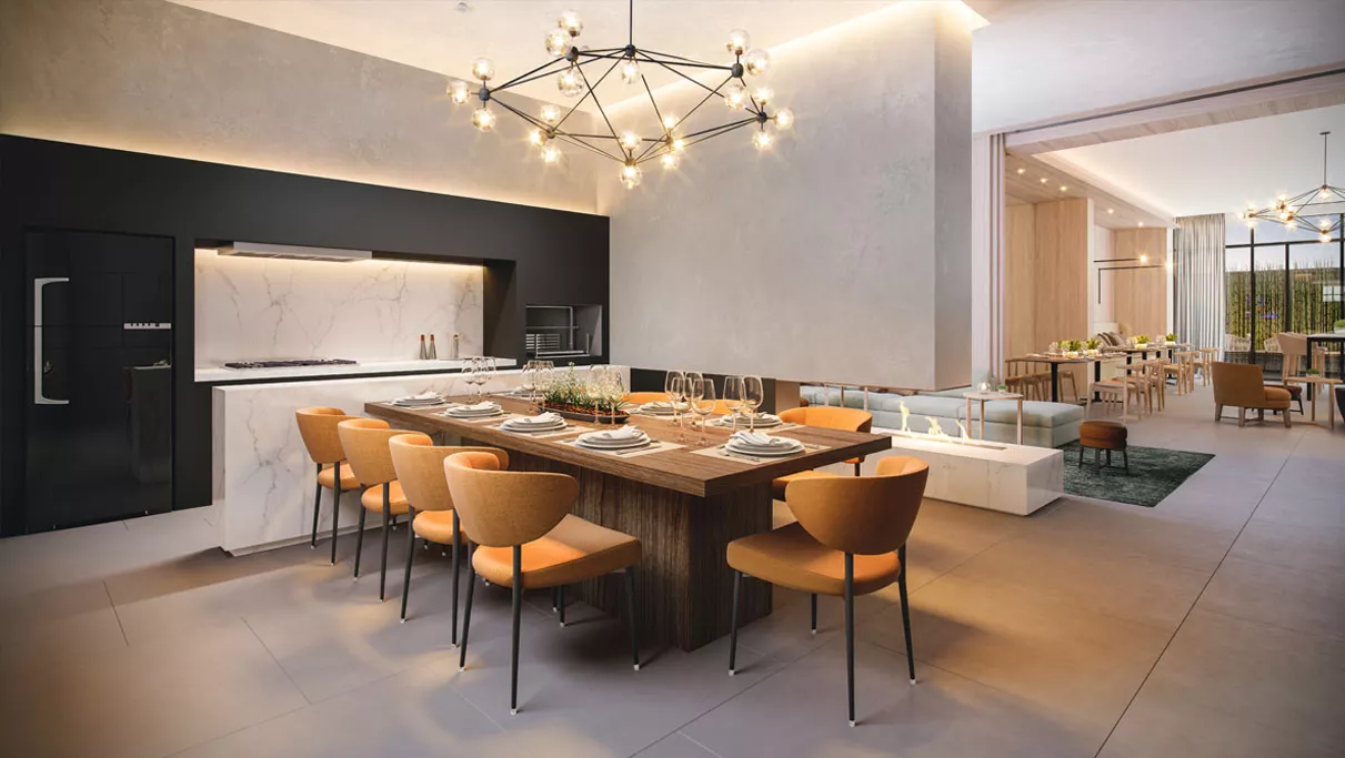 Sala de jantar com mesa de madeira e cozinha, ROC Batel