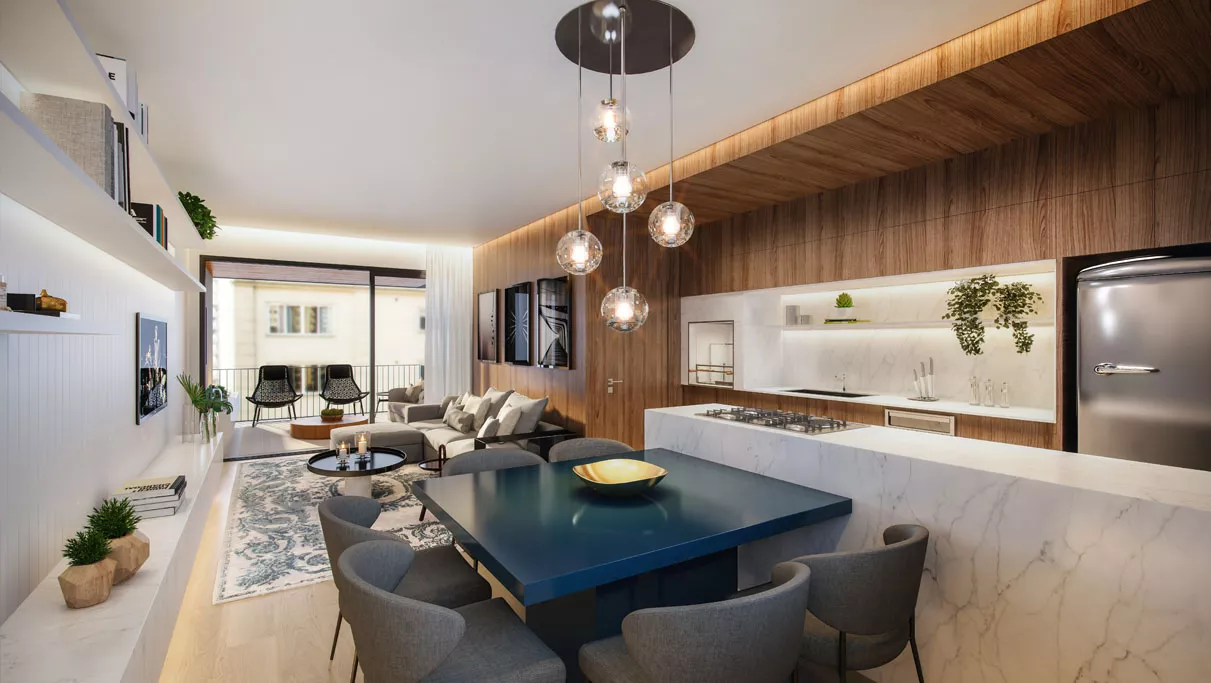 Living integrado com cozinha e mesa azul, ROC Batel