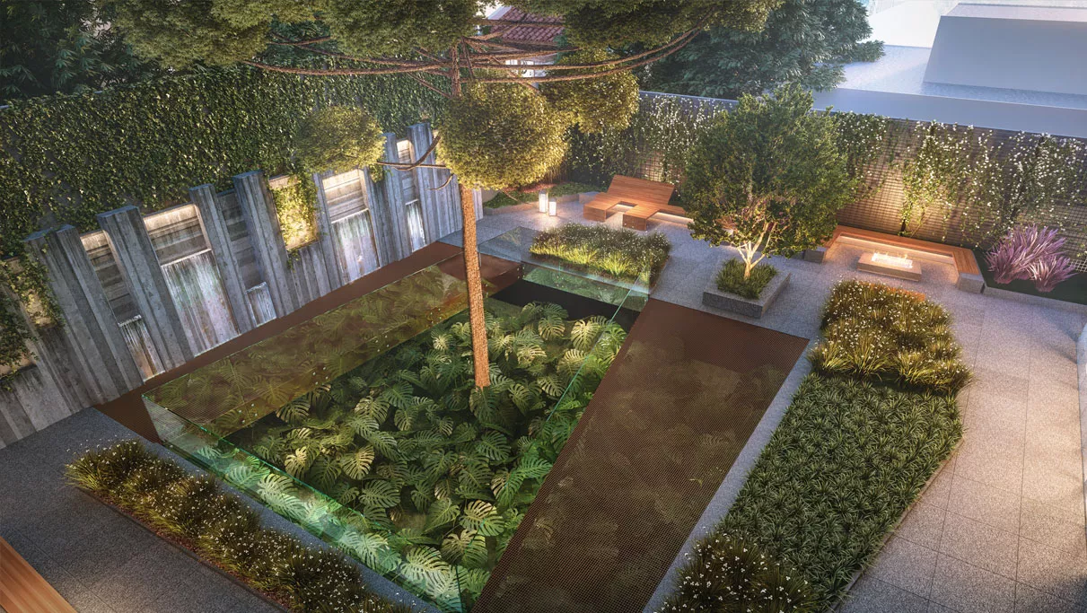 Jardim com árvores e deck visto de cima, ROC Batel