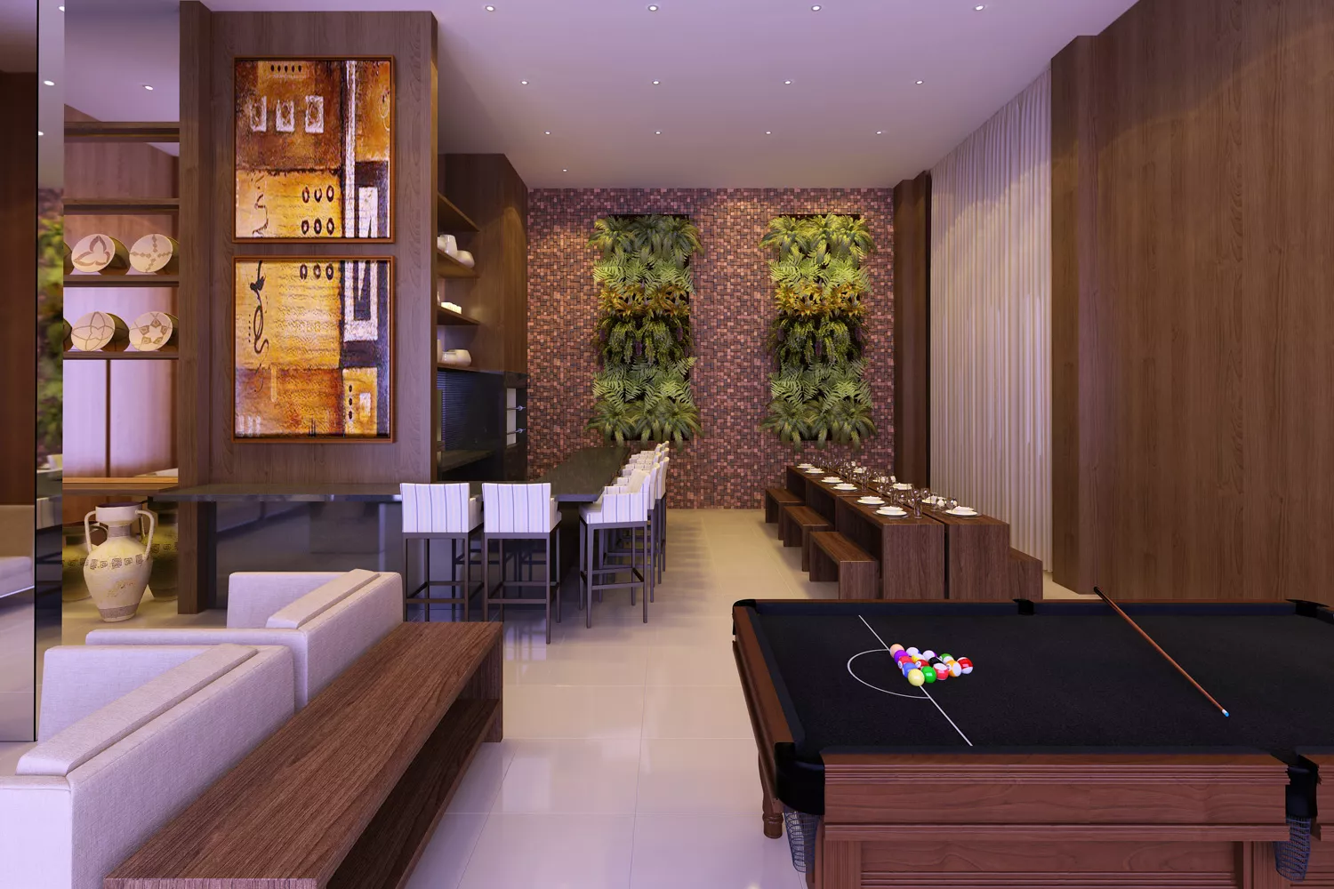 Espaço gourmet do Soul Batel Soho com mesa de sinuca e adega
