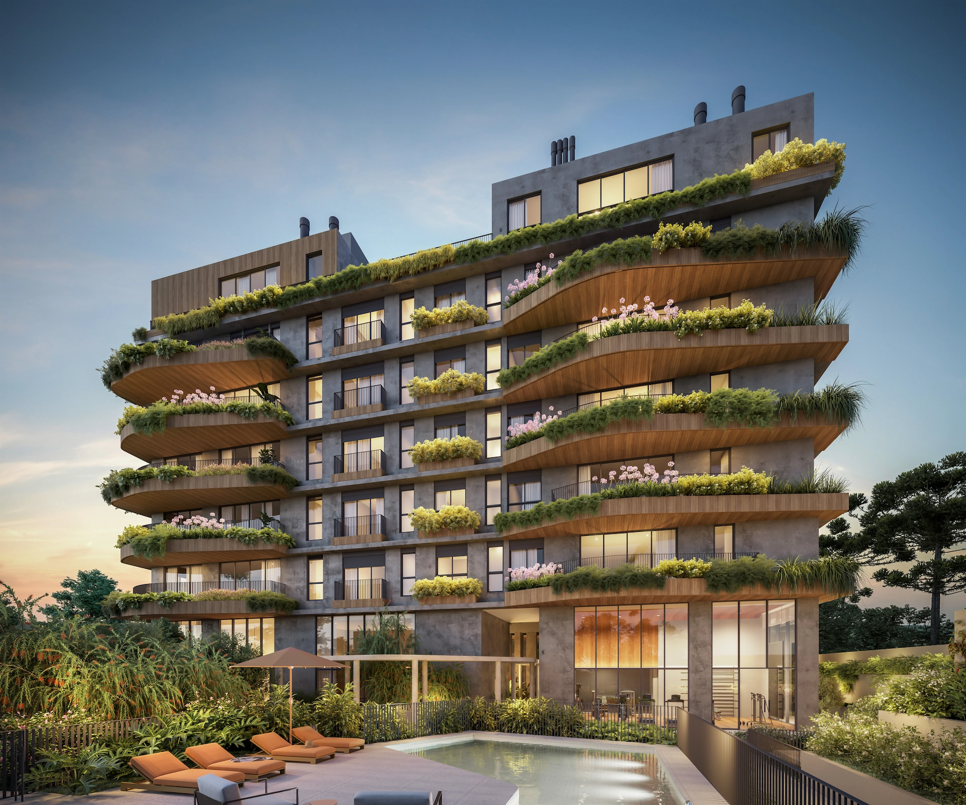 Torre com jardineiras nas varandas e piscina no TREVI Batel